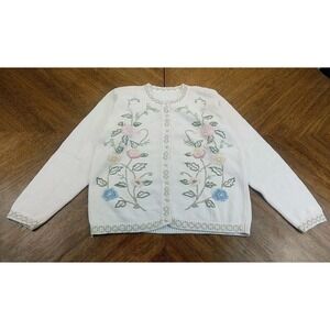 Vintage Hand Beaded/Embroidered Cardigan Sweater Size Large Floral Classic Knit